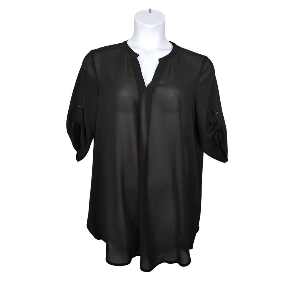 Adreamly Sheer Coverup One Size Fits Most Black 3/4 Roll Tab Sleeve Henley Neck